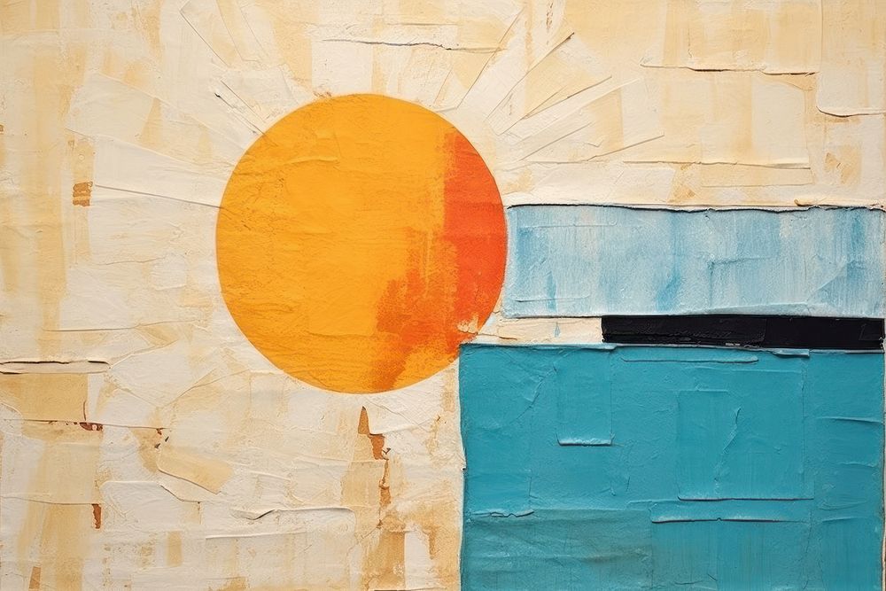 Abstract sun and sea ripped paper art architecture painting.