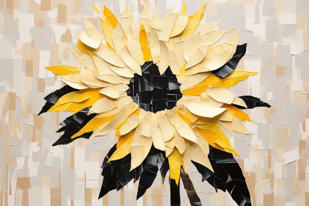 Abstract sunflower ripped paper collage art painting plant.