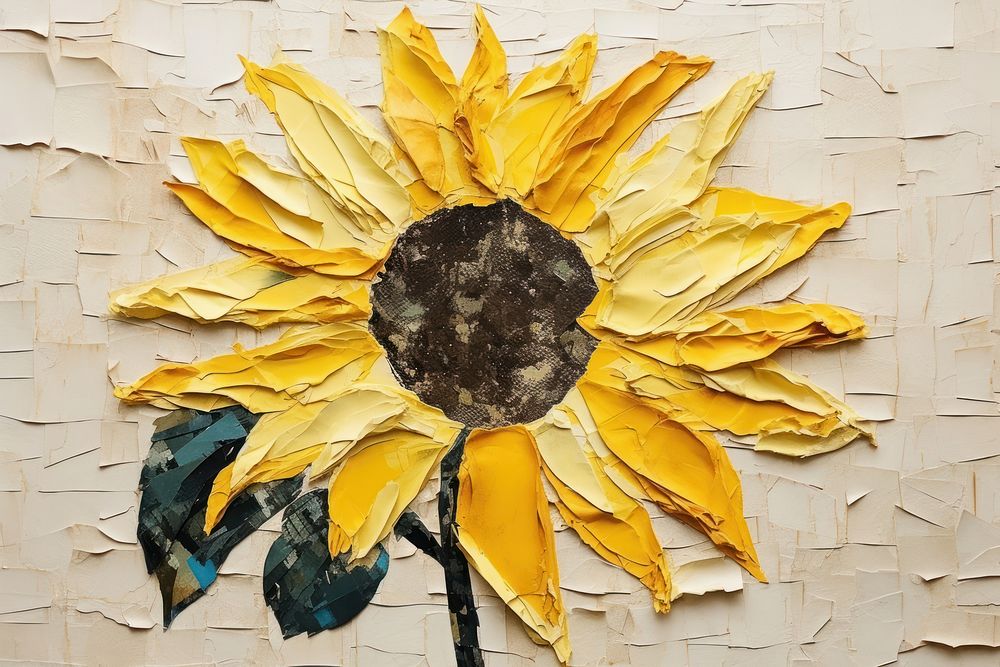 Abstract sunflower ripped paper collage plant art inflorescence.