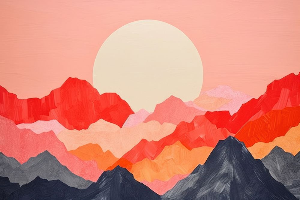 Abstract sunset with mountain ripped paper art painting nature.