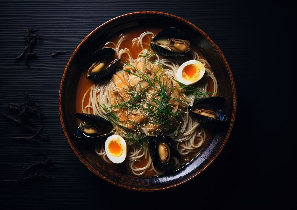 A mussel and clam soba with browned anchovy butter food plate meal.