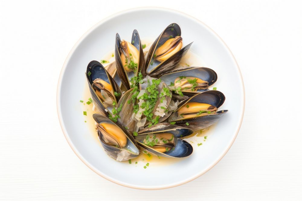 A mussels steamed in wine and garlic seafood plate meal.