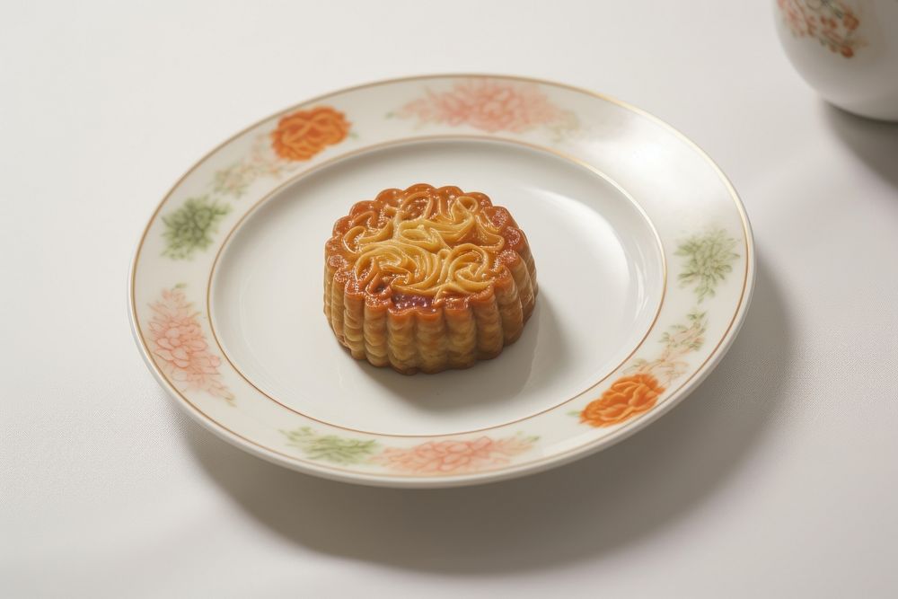 A chinese mooncake cut open arranged put on plate dessert food meal.