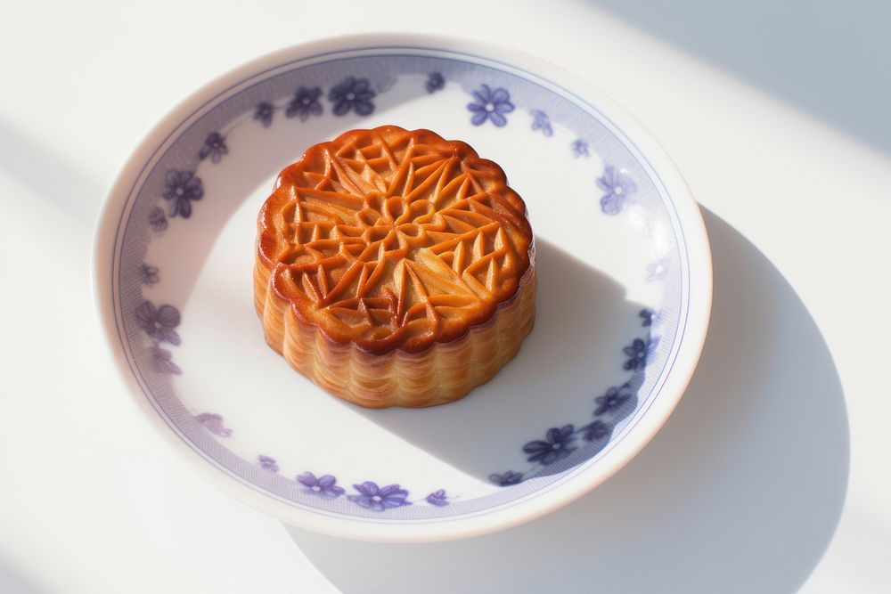 A chinese mooncake cut open arranged put on plate dessert pastry food.