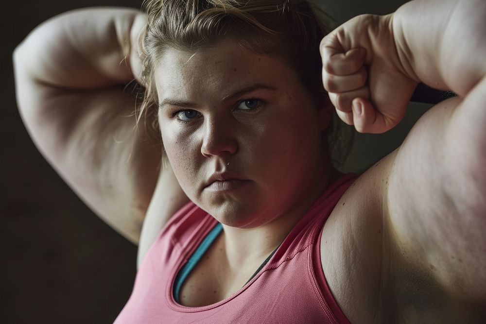 Fat white woman flexing muscle sports flexing muscles determination.