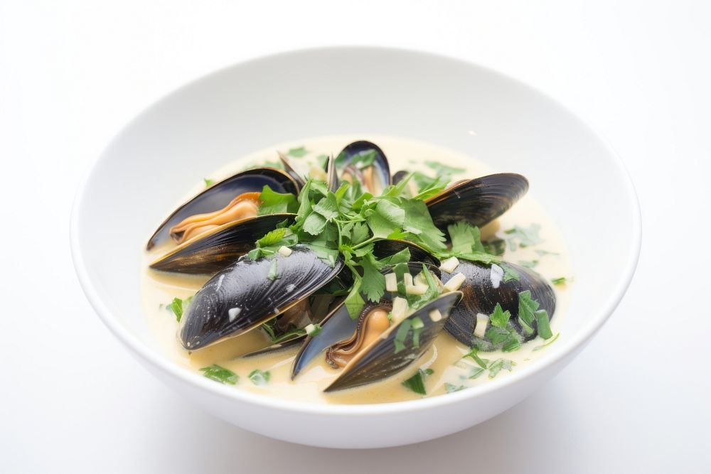 Blue mussels in spinach sauce seafood plate meal.