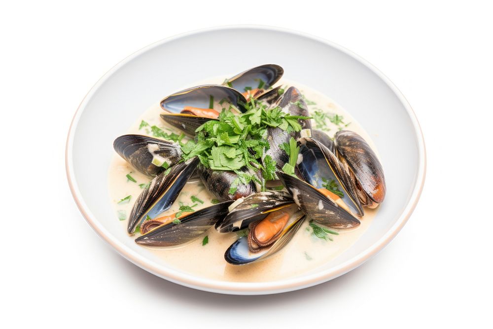 Blue mussels in spinach sauce seafood plate meal.