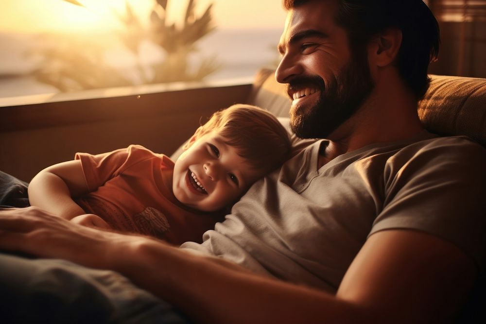 Brazilian dad spend time with son laughing happy men.