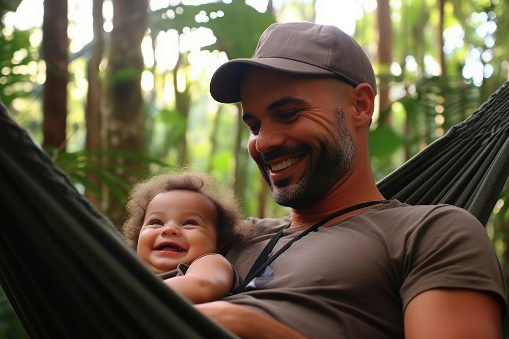 Brazilian dad spend time with son portrait hammock family.
