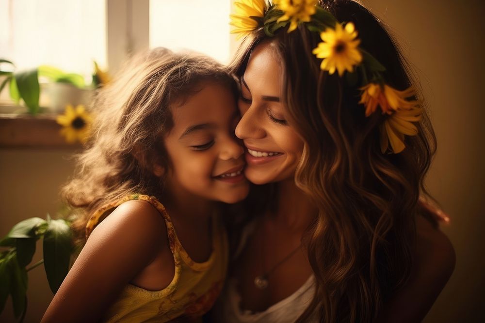Brazilian mom spend time with daughter portrait family flower.
