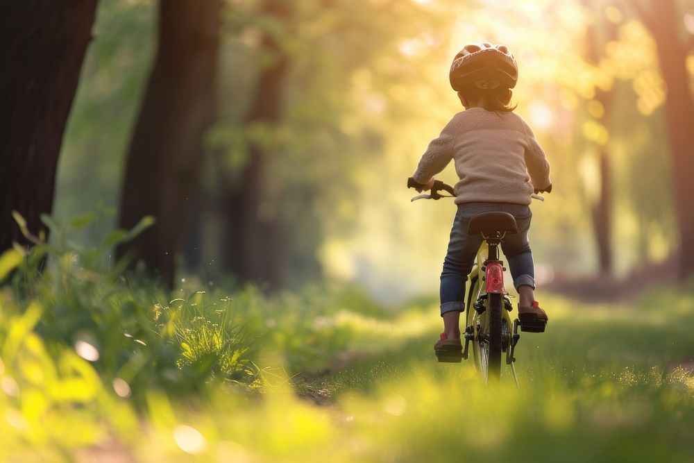 A kid riding bicycle in the park activity outdoors vehicle.