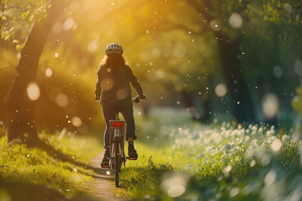 A woman riding bicycle in the park activity outdoors vehicle.