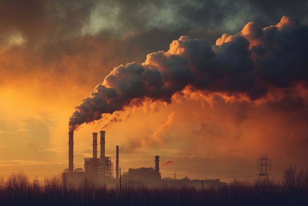 Factory emmitting smoke and carbon pollution into the sky architecture outdoors climate change.