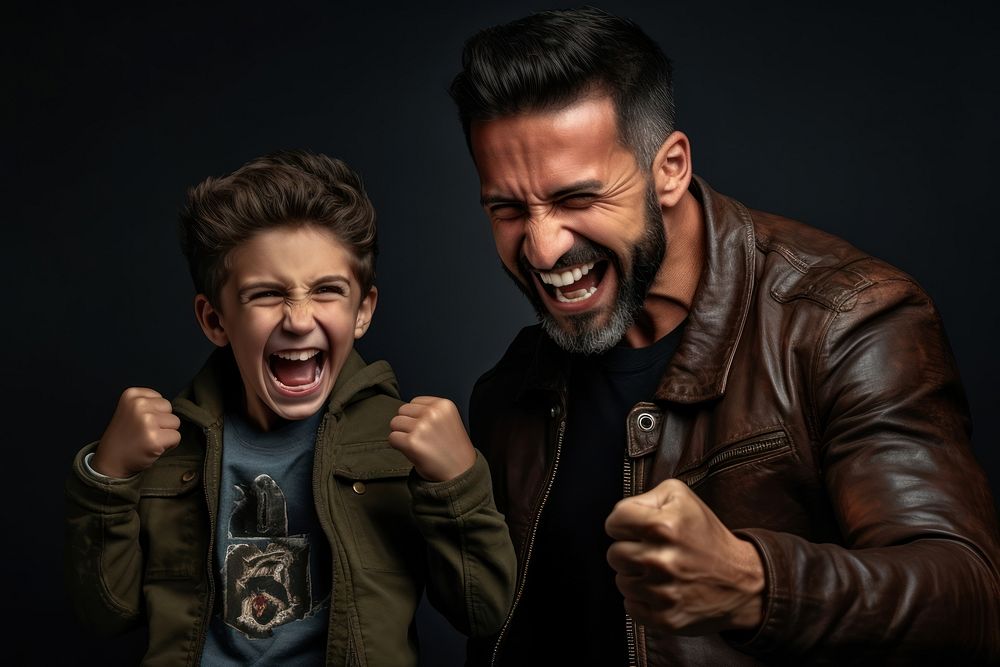 Brazilian father and son shouting laughing family.