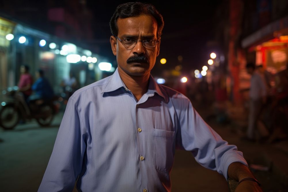 Indian man portrait glasses street.
