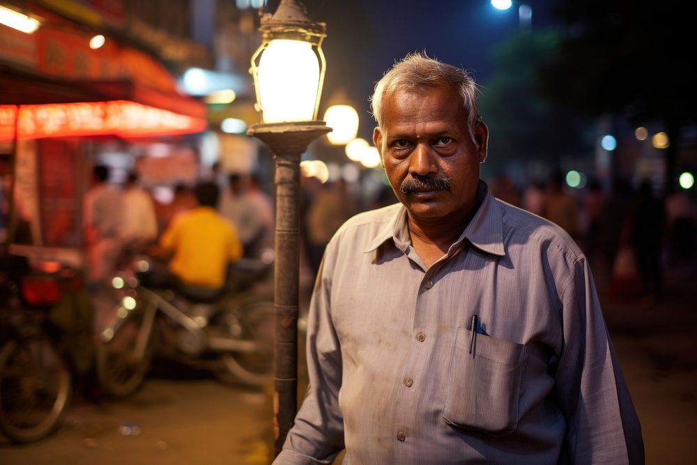 Indian man portrait lighting street.
