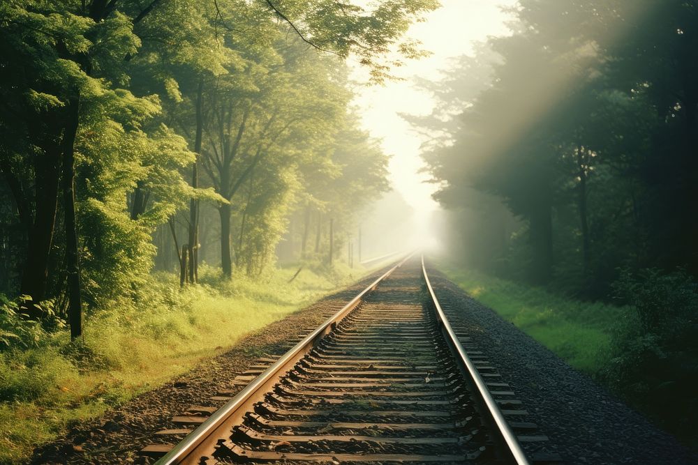  Train road landscape sunlight outdoors. AI generated Image by rawpixel.