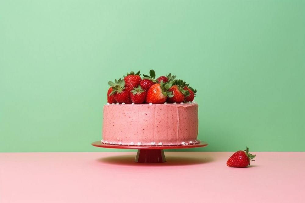  A strawberry birthday cake border on green paper background dessert fruit plant. AI generated Image by rawpixel.