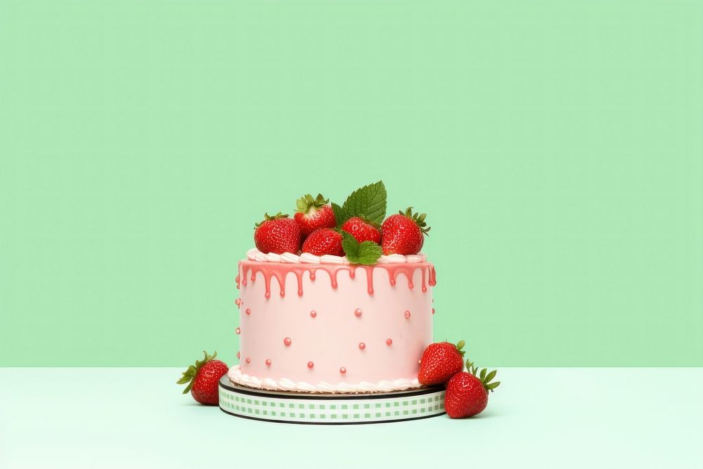  A strawberry birthday cake border on green paper background dessert fruit plant. AI generated Image by rawpixel.