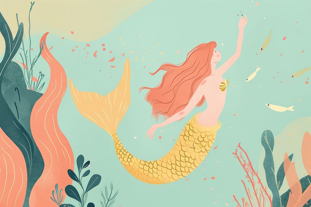 Cute mermaid illustration animal fish underwater.