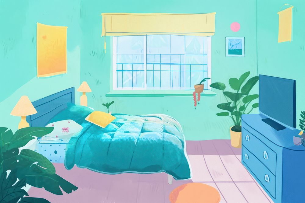 Cute bedroom illustration electronics furniture painting.
