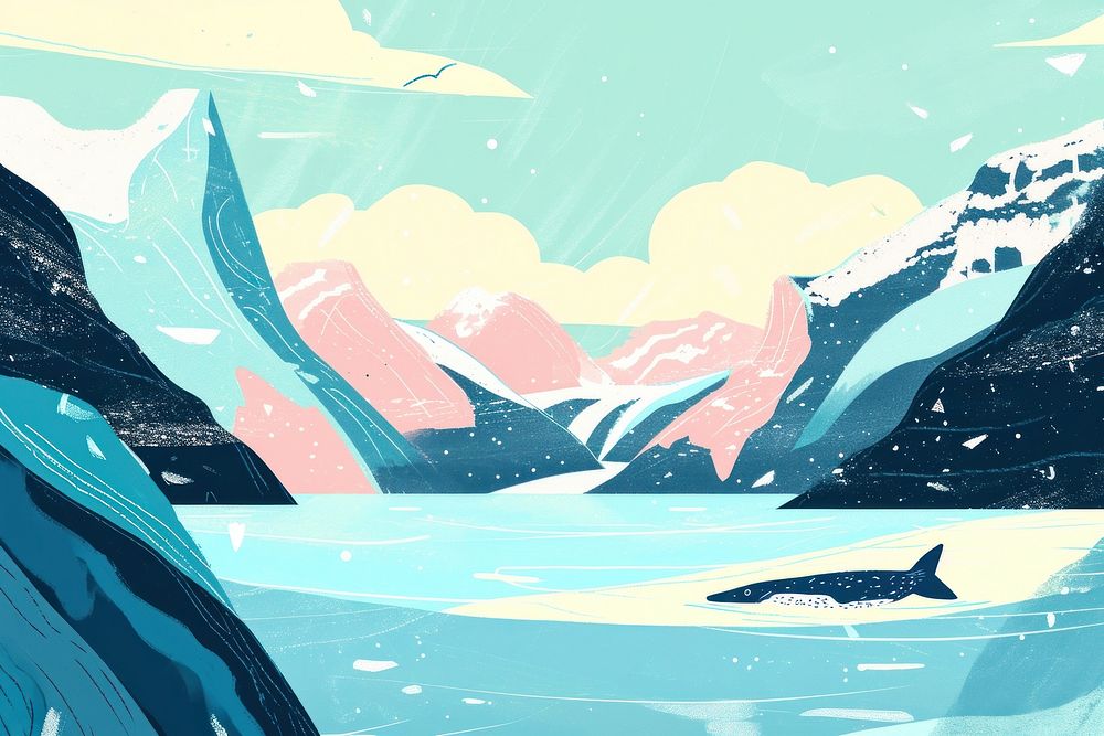 Cute fjord illustration outdoors mountain painting.