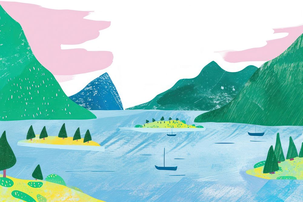 Cute fjord illustration scenery transportation landscape.