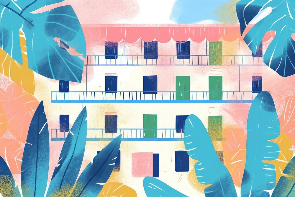 Cute hotel illustration painting graphics outdoors.
