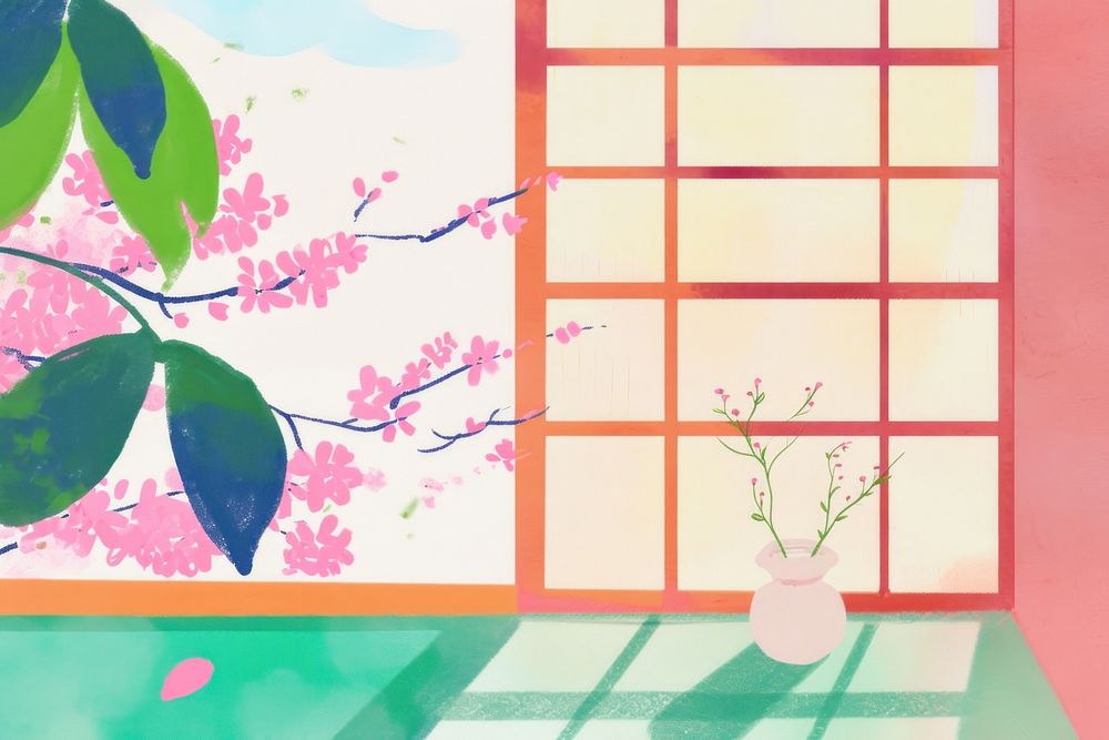 Cute japan illustration outdoors blossom ikebana.