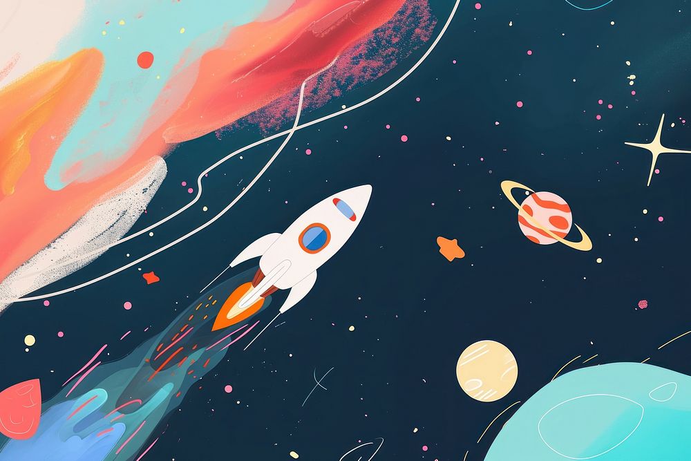 Cute rocket in the space illustration painting outdoors weaponry.