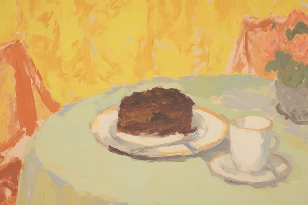  Chocolate cake on the table painting dessert plate. AI generated Image by rawpixel.