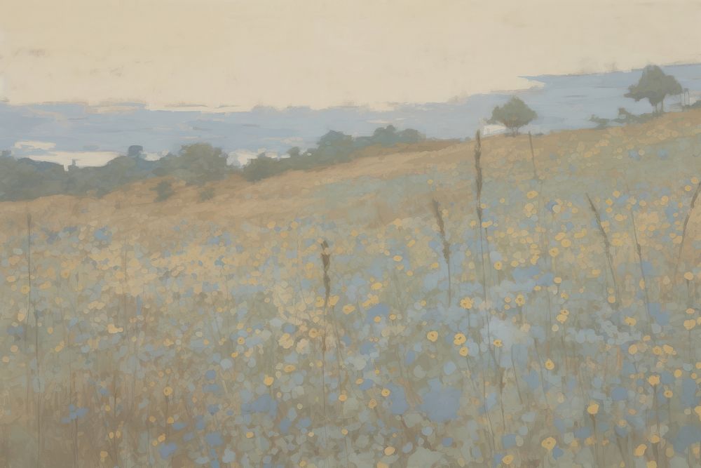  Blue flower field painting outdoors tranquility. AI generated Image by rawpixel.