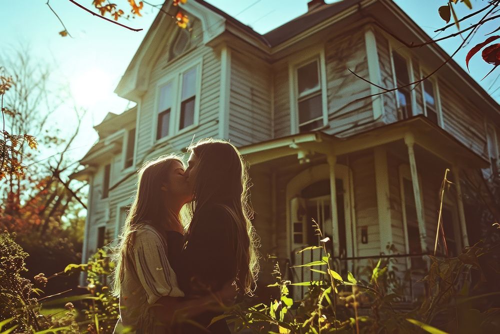 Two women kissing house architecture building. AI generated Image by rawpixel.