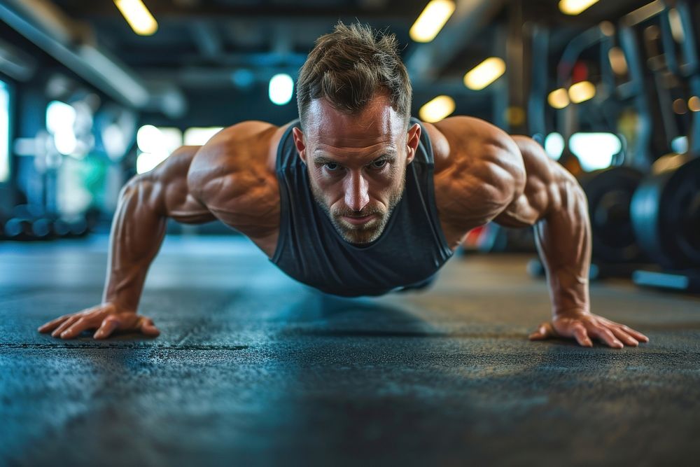  A man push up in a gym sports adult determination. AI generated Image by rawpixel.