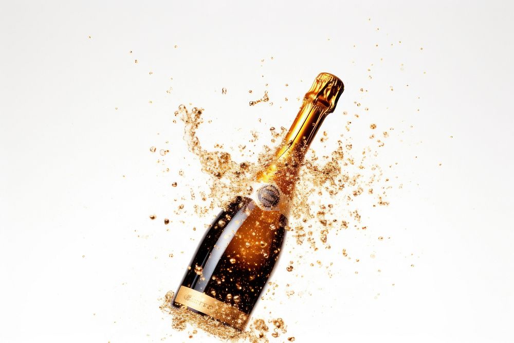 Glitter exploding out of a champagne bottle drink wine white background. AI generated Image by rawpixel.