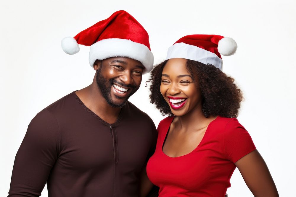 Happy black couple wearing Christmas hat christmas laughing portrait. AI generated Image by rawpixel.