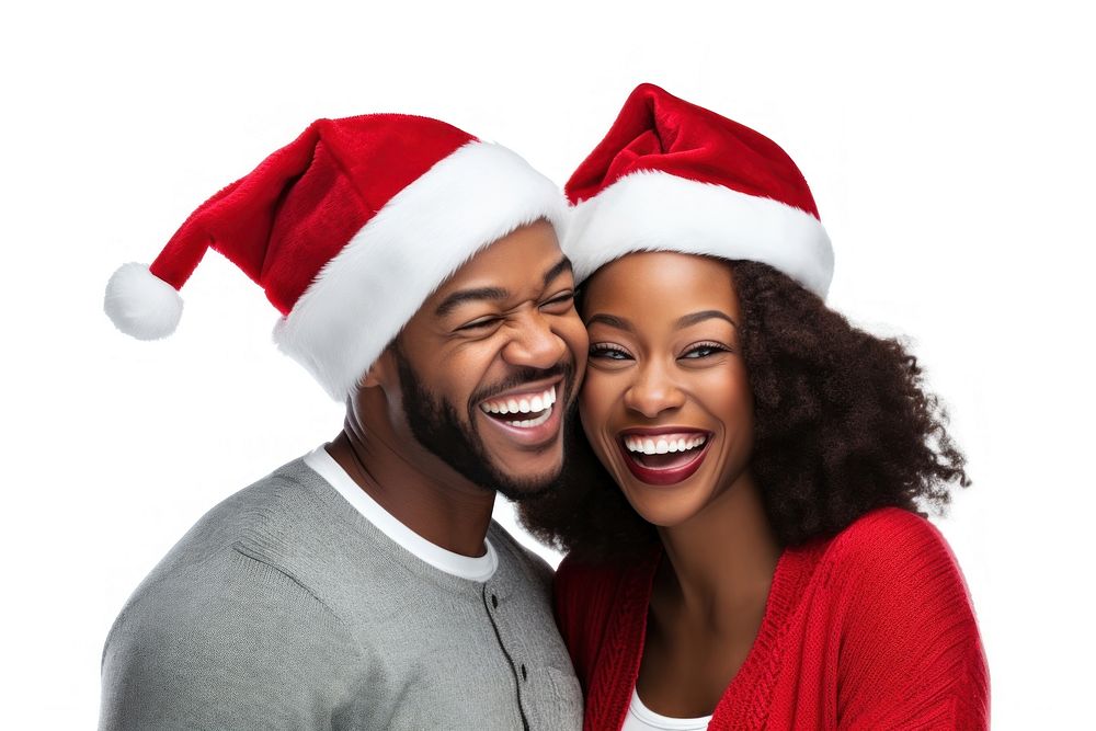 Happy black couple wearing Christmas hat christmas laughing adult. AI generated Image by rawpixel.