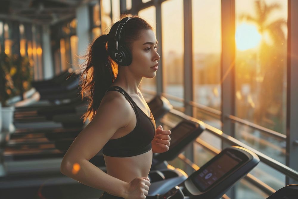  A woman jogging on a treadmill with headphone headphones sports adult. AI generated Image by rawpixel.