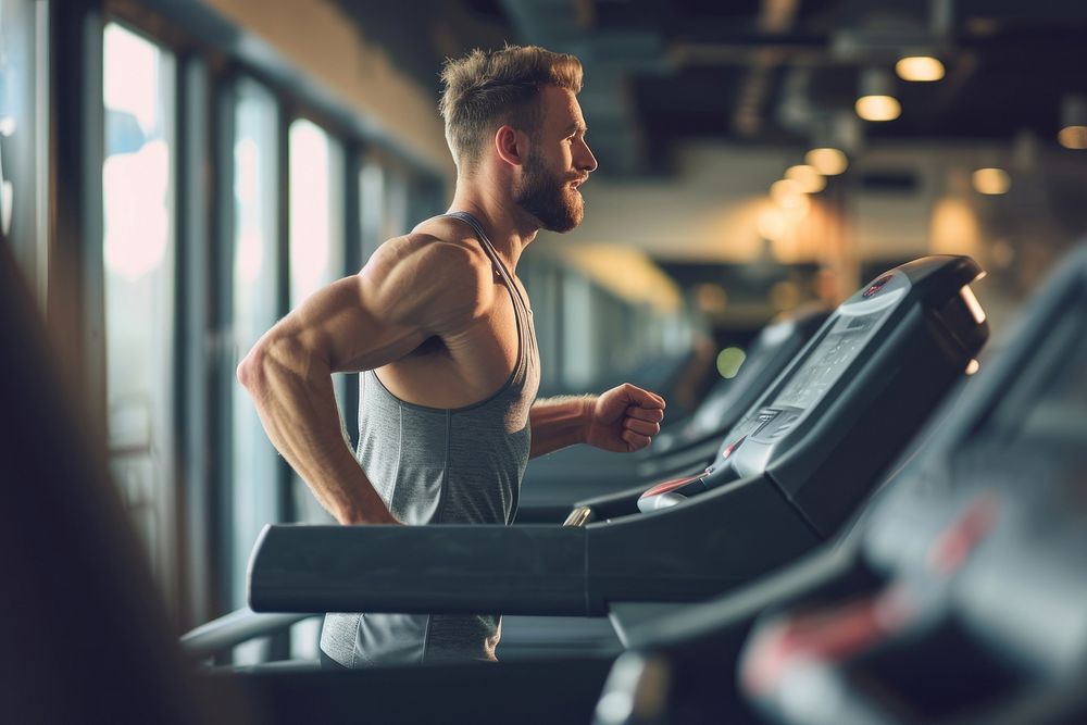  A young man jogging on treadmill sports motion adult. AI generated Image by rawpixel.