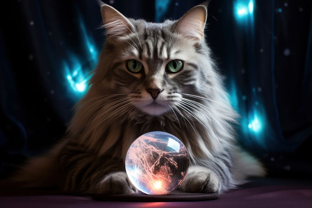 Cat crystal ball animal mammal kitten. AI generated Image by rawpixel.