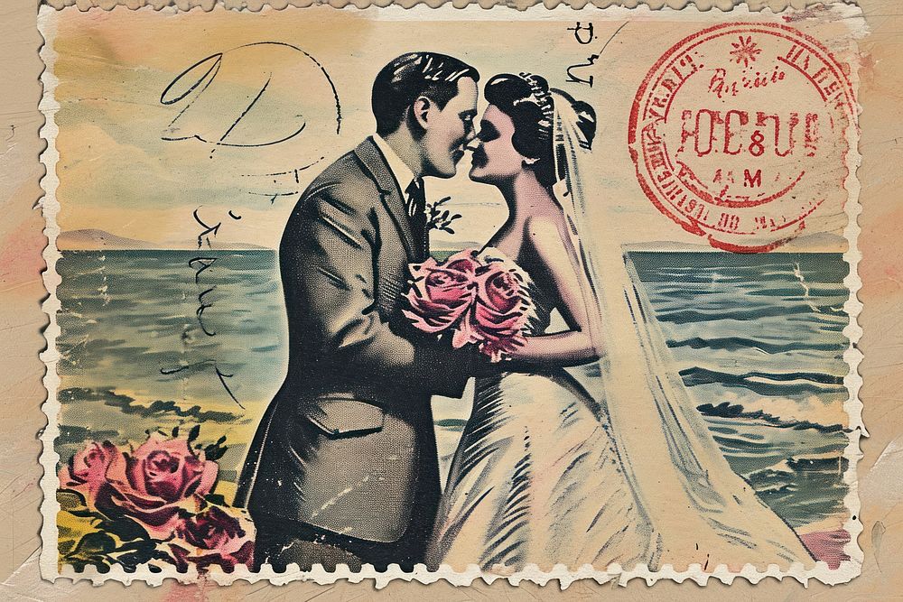 Vintage postage stamp with wedding adult bride accessories.