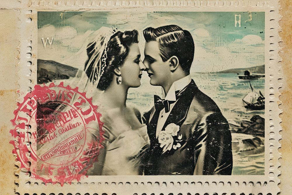 Vintage postage stamp with wedding adult transportation accessories.