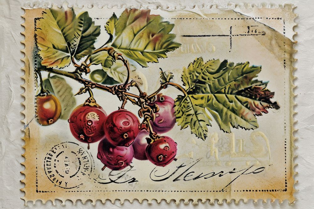 Vintage postage stamp with berry plant paper food.