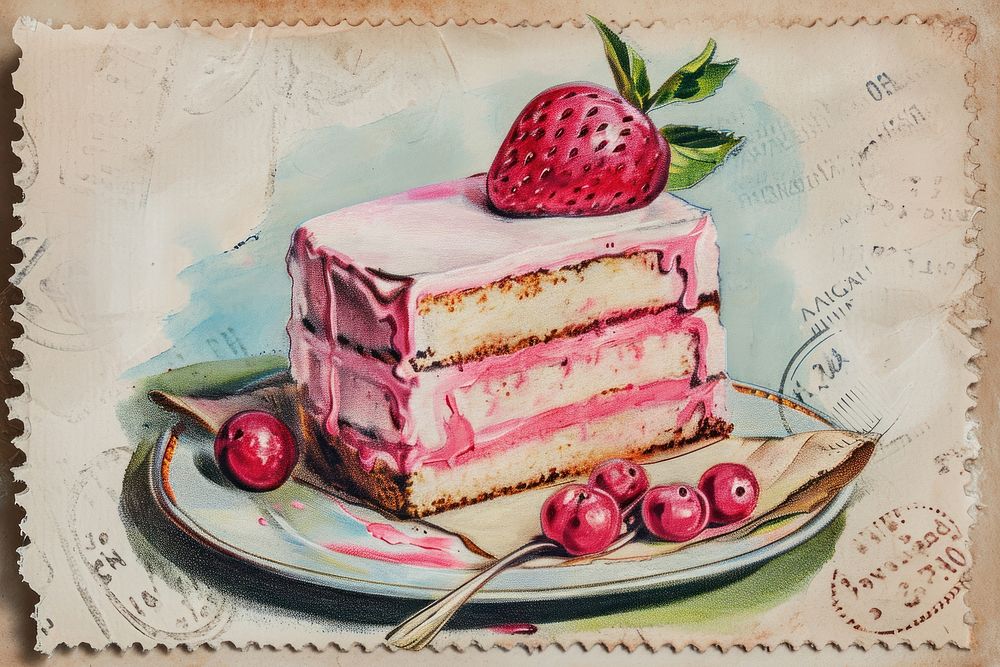 Vintage postage stamp with cake dessert fruit berry.