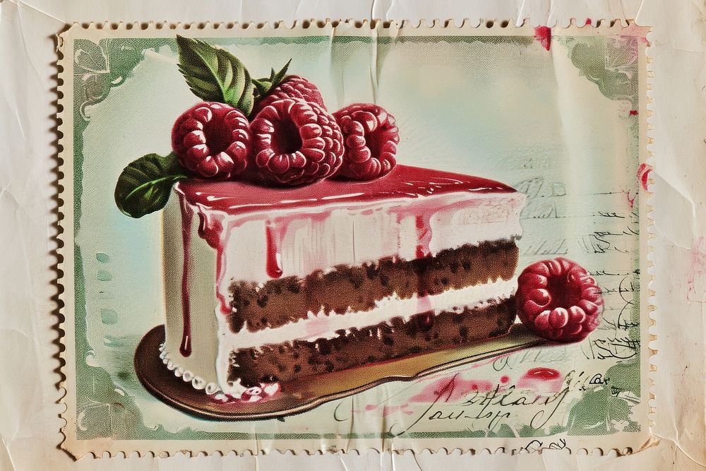 Vintage postage stamp with cake dessert berry fruit.