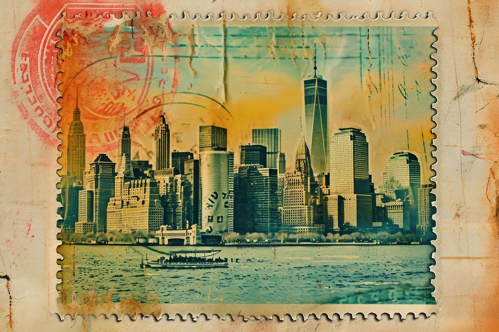 Vintage postage stamp with cityscape paper transportation architecture.