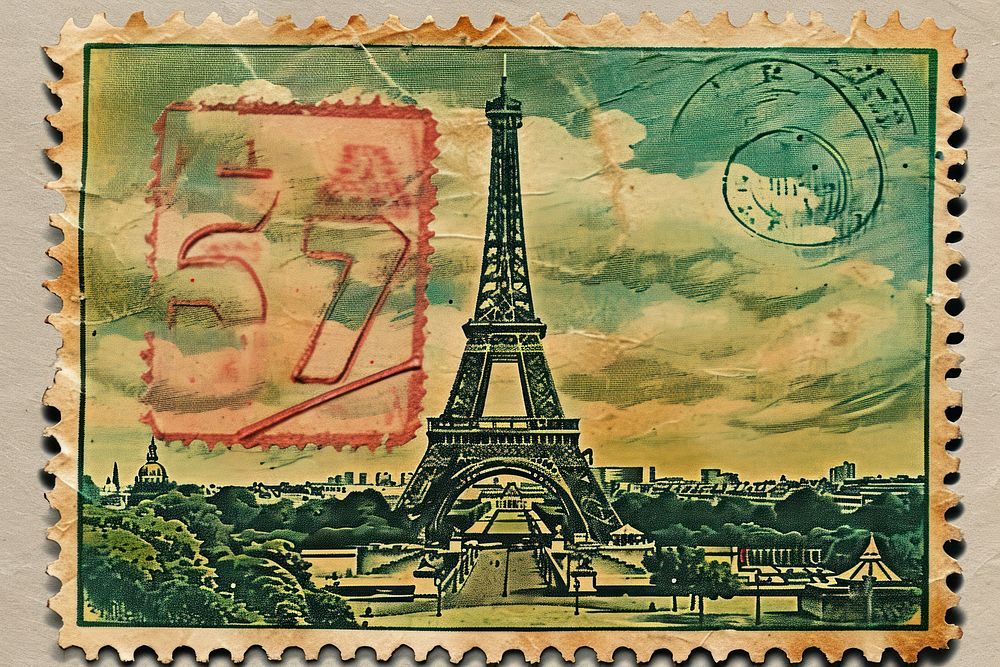 Vintage postage stamp with eiffel tower representation architecture creativity.