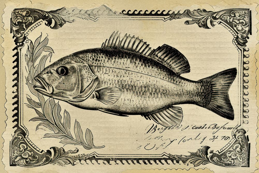 Vintage postage stamp with fish animal paper aquarium.