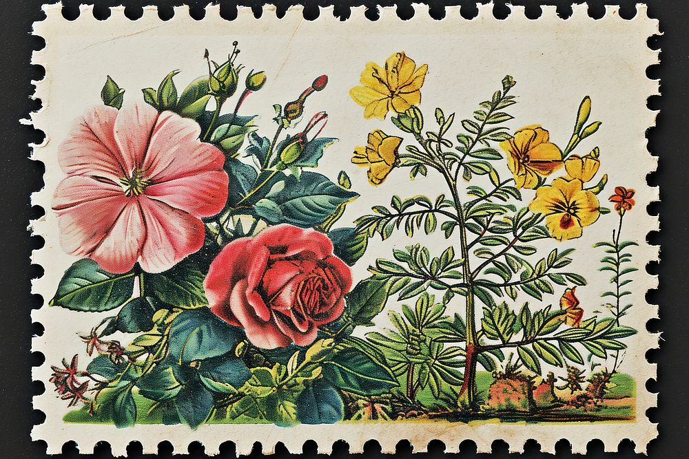 Vintage postage stamp with garden painting pattern flower.
