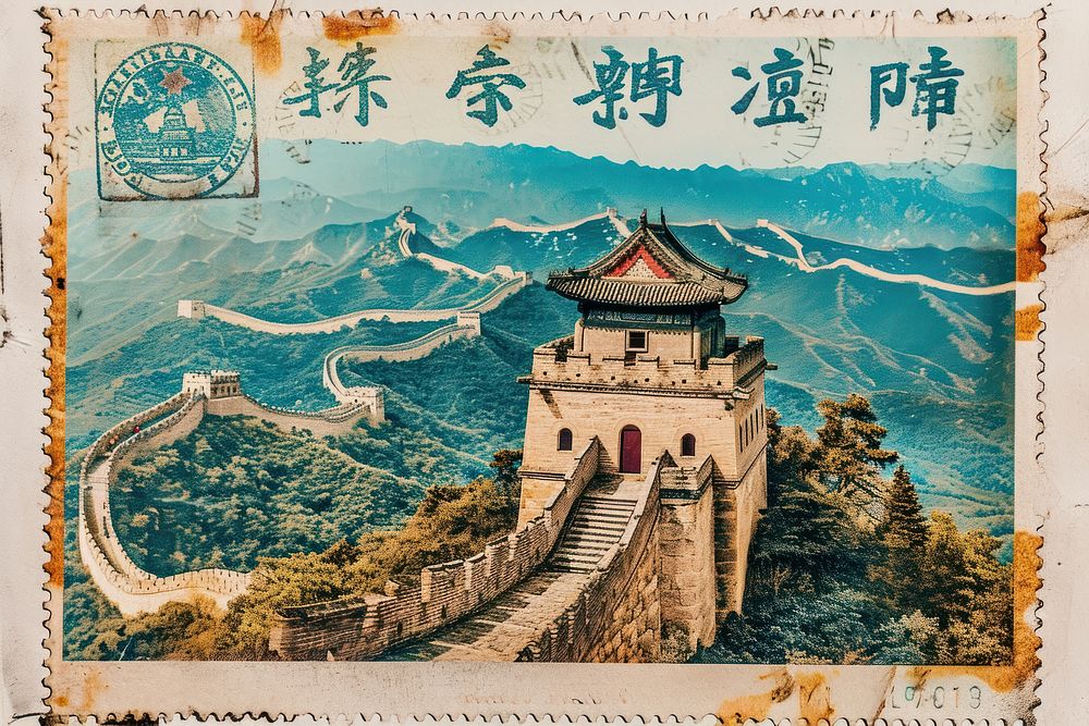 Vintage postage stamp with great wall of china architecture representation creativity.